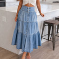 Romella – High Waisted Tiered A-Line Denim Maxi Skirt for Women