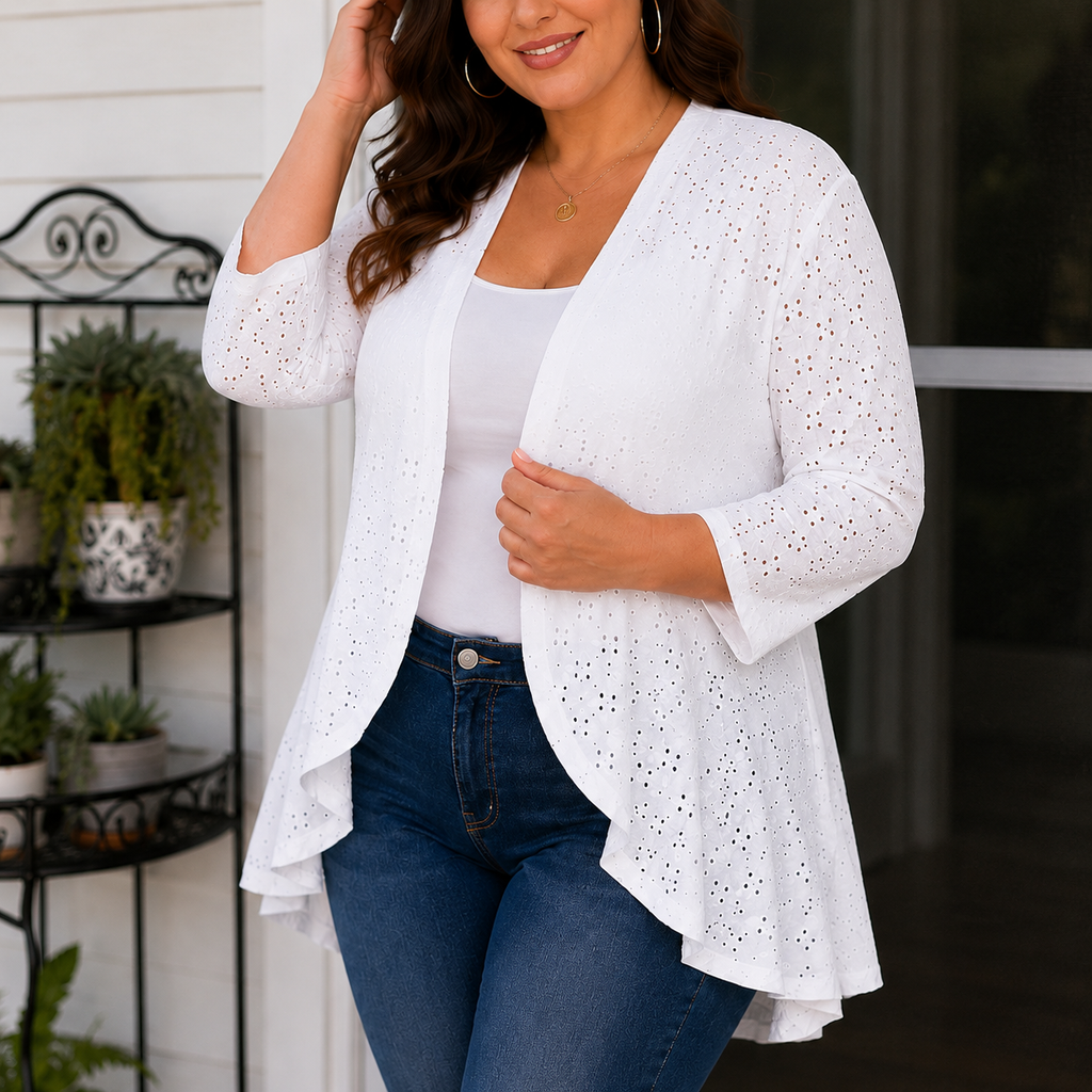 Veluna – Lightweight Eyelet Open-Front Cardigan for Women, 3/4 Sleeve Ruffle Hem Summer Layer