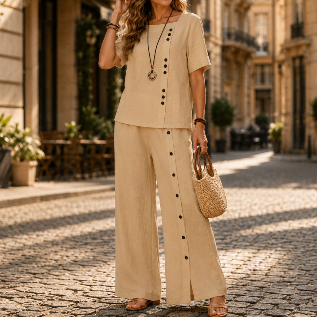 Lunelle – Women's Linen 2-Piece Set with Wide-Leg Pants and Button Detail