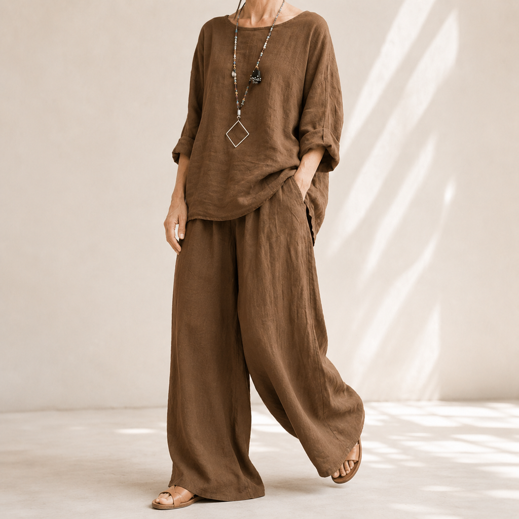 Lunavia – Oversized Cotton-Linen Two-Piece Set with Wide-Leg Pants