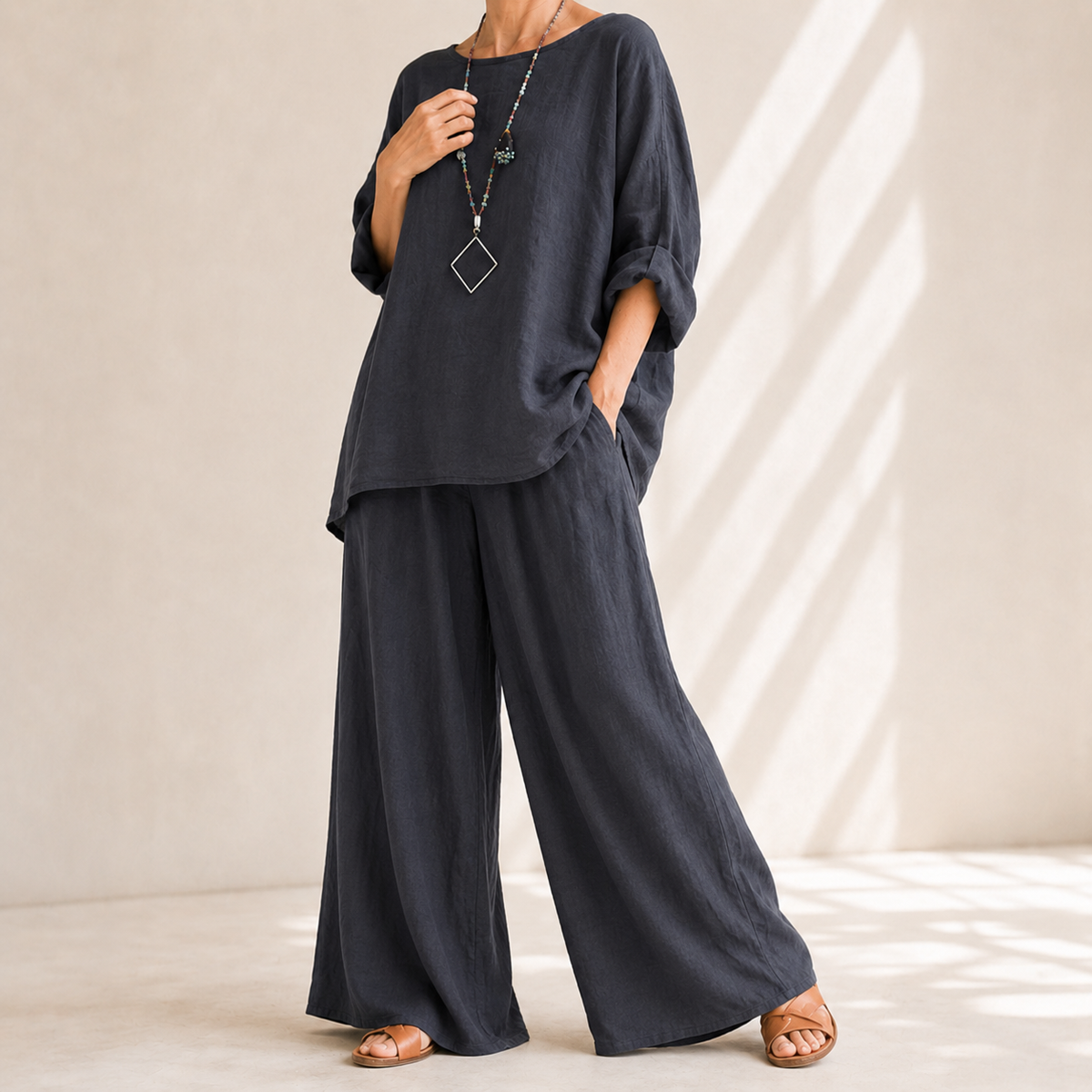 Lunavia – Oversized Cotton-Linen Two-Piece Set with Wide-Leg Pants