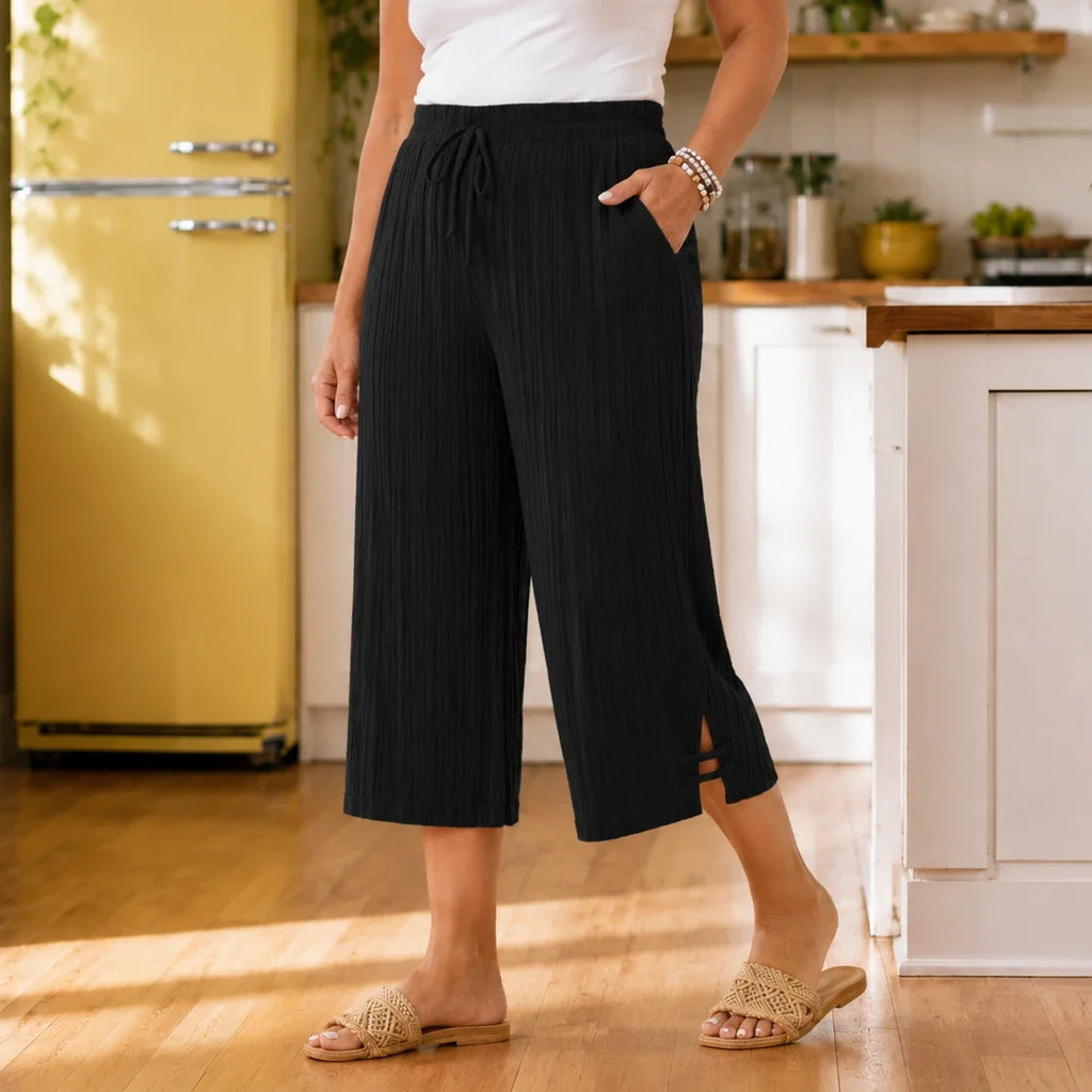 Velora – Ribbed Wide-Leg Capri Pants with Drawstring Waist & Side Slit, Plus Size 1XL–5XL
