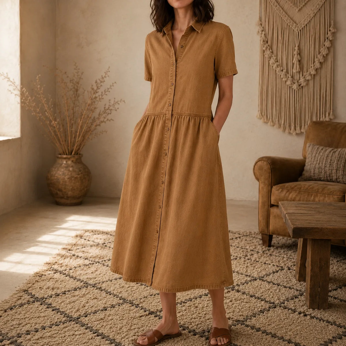 Everly – Shirt Dress with Pockets A-Line Midi Button Front