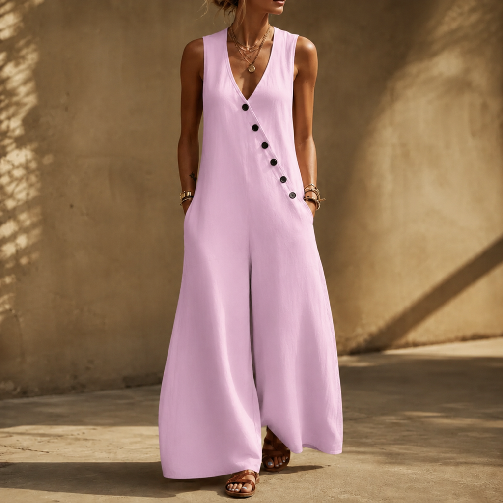 Wearvelle – Sleeveless Wide-Leg Jumpsuit with Diagonal Buttons and Pockets
