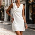 Solenne – Cowl Neck Mini Dress with Pockets, Slim Fit Sleeveless Shift