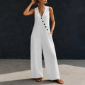 Wearvelle – Sleeveless Wide-Leg Jumpsuit with Diagonal Buttons and Pockets