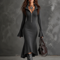 Selara – Ribbed Fishtail Knit Midi Dress with Half-Zip Collar