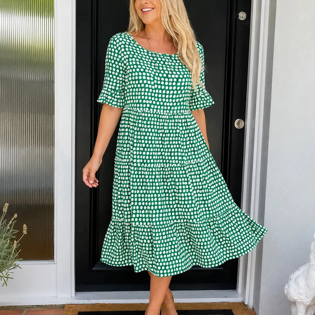 Soleluna – Tiered Polka Dot Midi Dress with Ruffle Sleeves