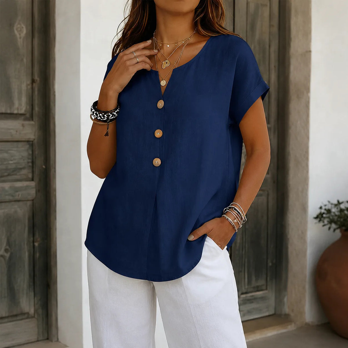 Solene – Relaxed V-Neck Blouse with Wood-like Buttons for Women