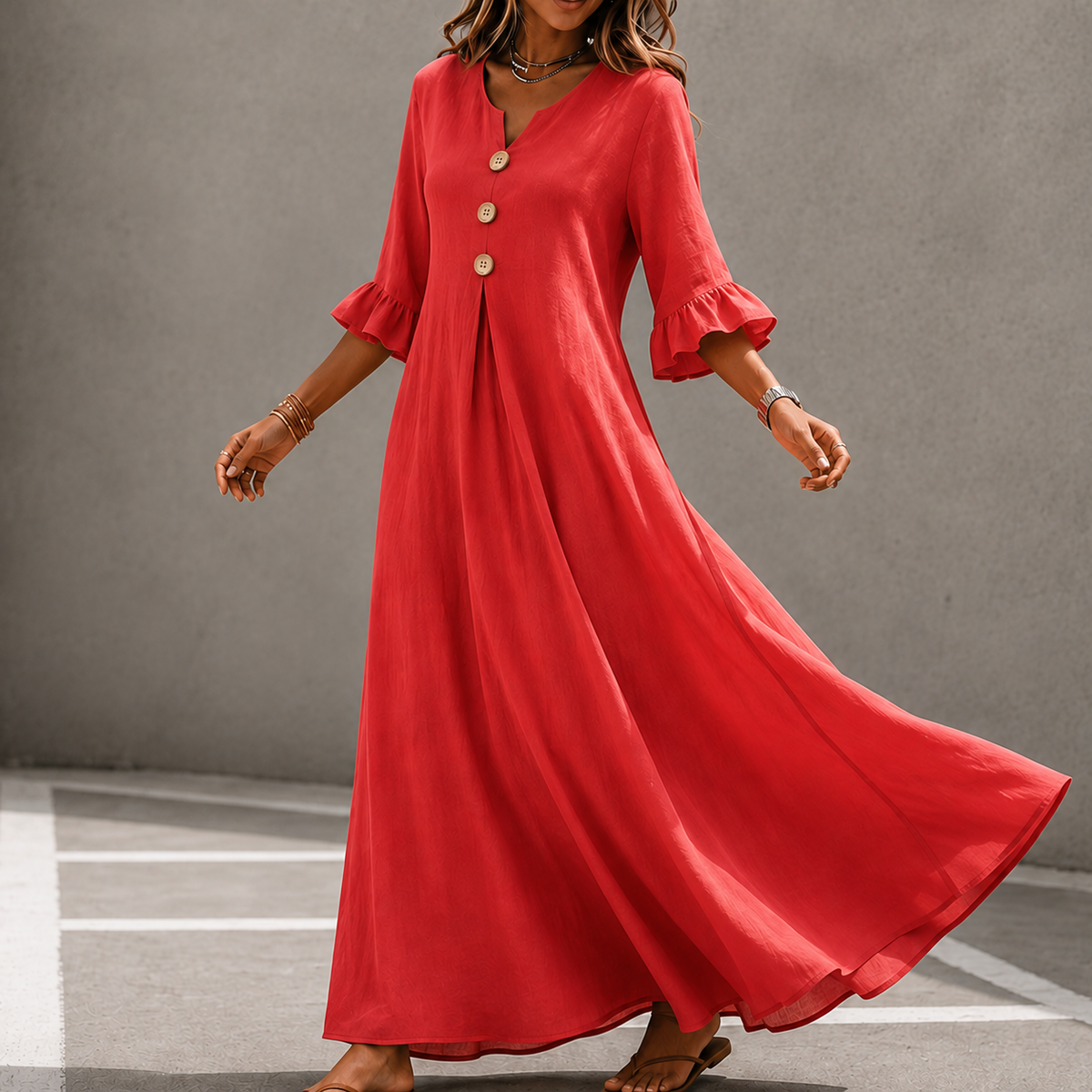 Marellia – Flowy Linen-Look V-Neck Maxi Dress with Pockets