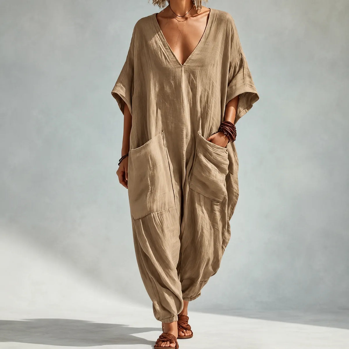 Solunya – Loose V-Neck Summer Jumpsuit with Deep Pockets, Batwing Sleeves, 6 Colors