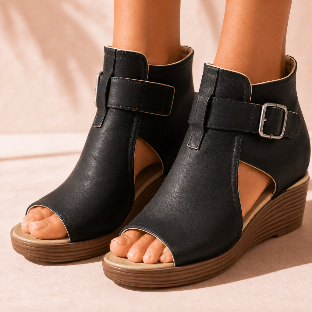 Elsera – Peep-Toe Platform Wedges with Buckle Detail