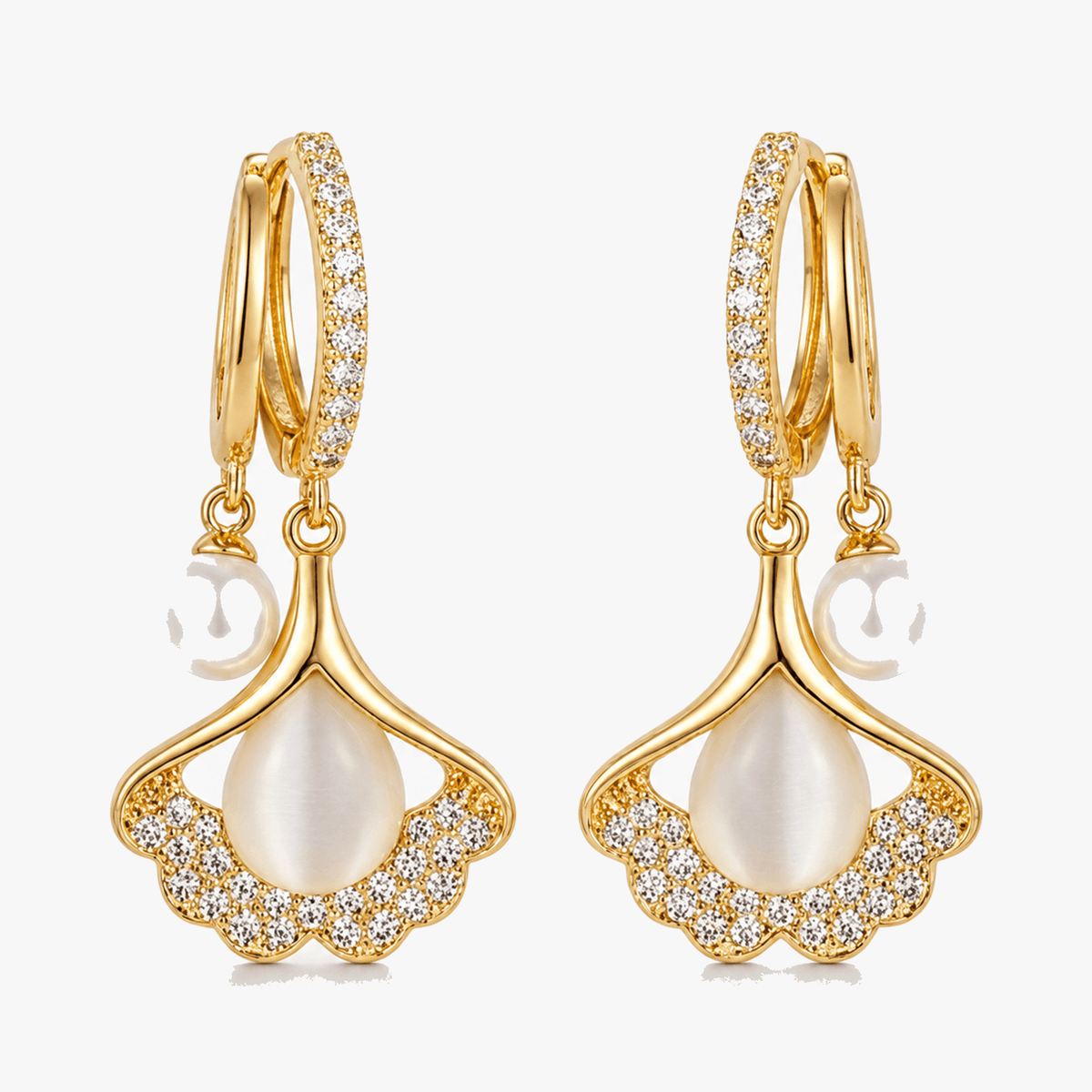 Ginara – Crystal Ginkgo Leaf Drop Earrings with Pearl