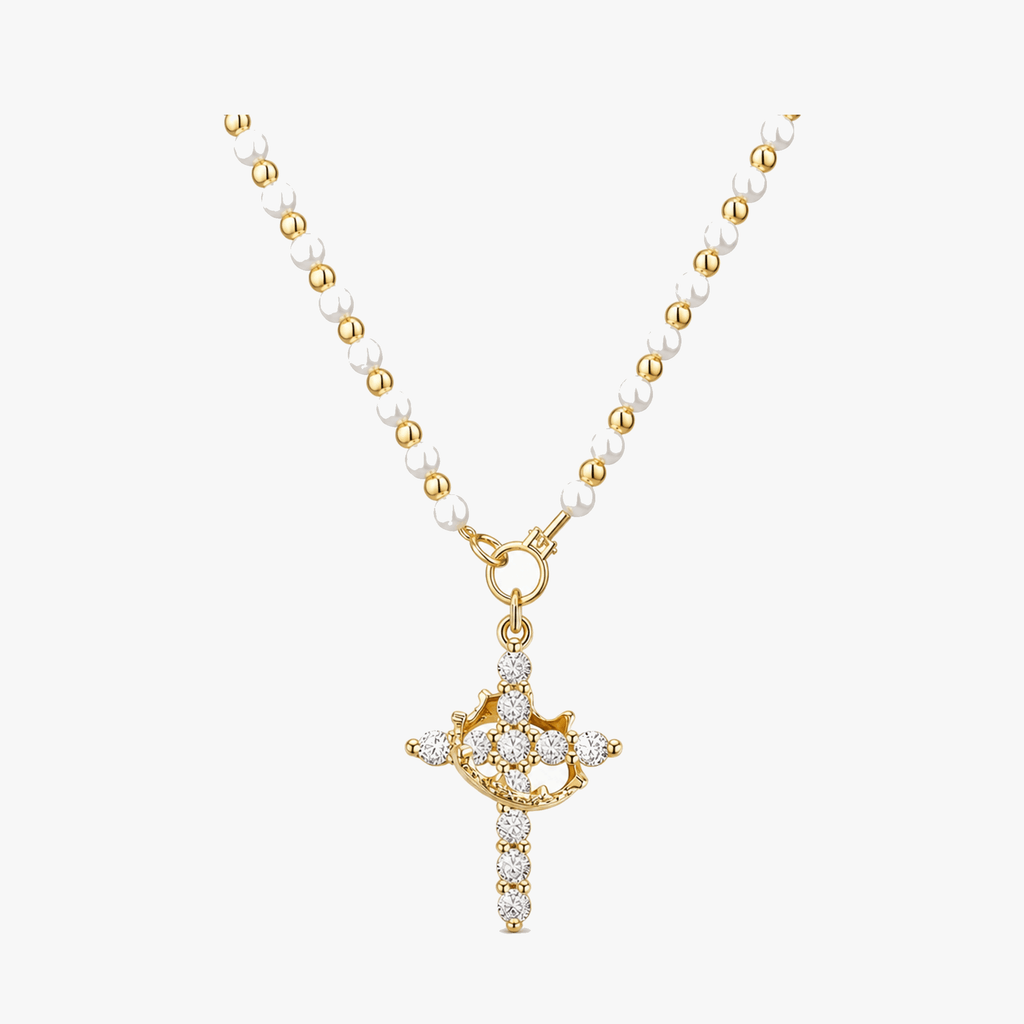 Crownara – Crown Cross Pearl Bead Necklace