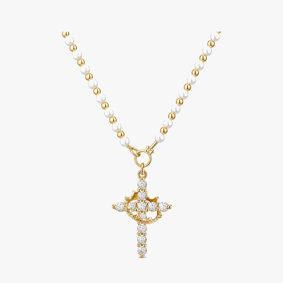 Crownara – Crown Cross Pearl Bead Necklace