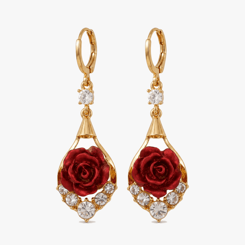 Rosavelle – Red Rose Crystal Drop Earrings