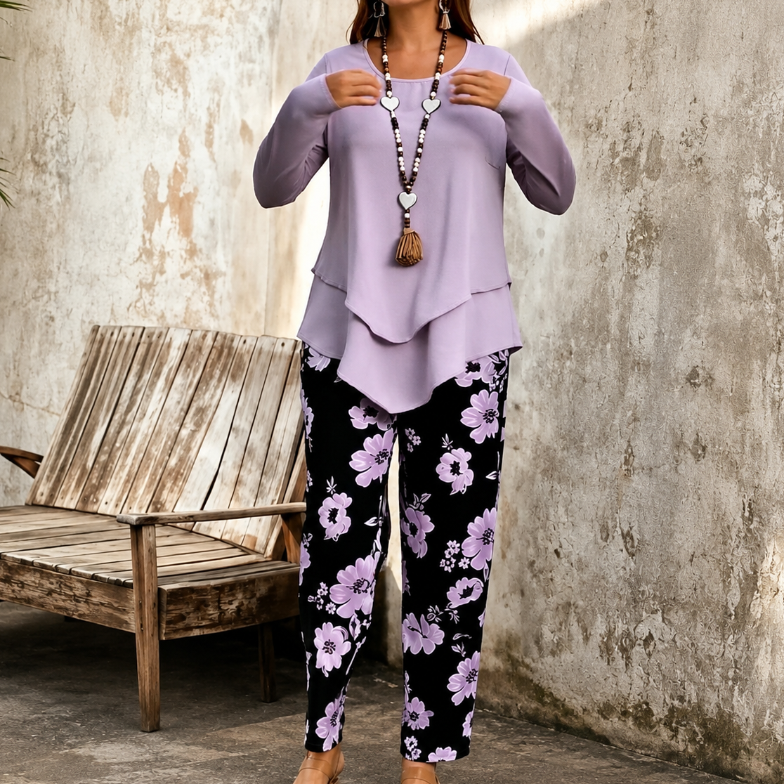Wearbella – Double-Layer Top And Floral Wide-Leg Pants Set
