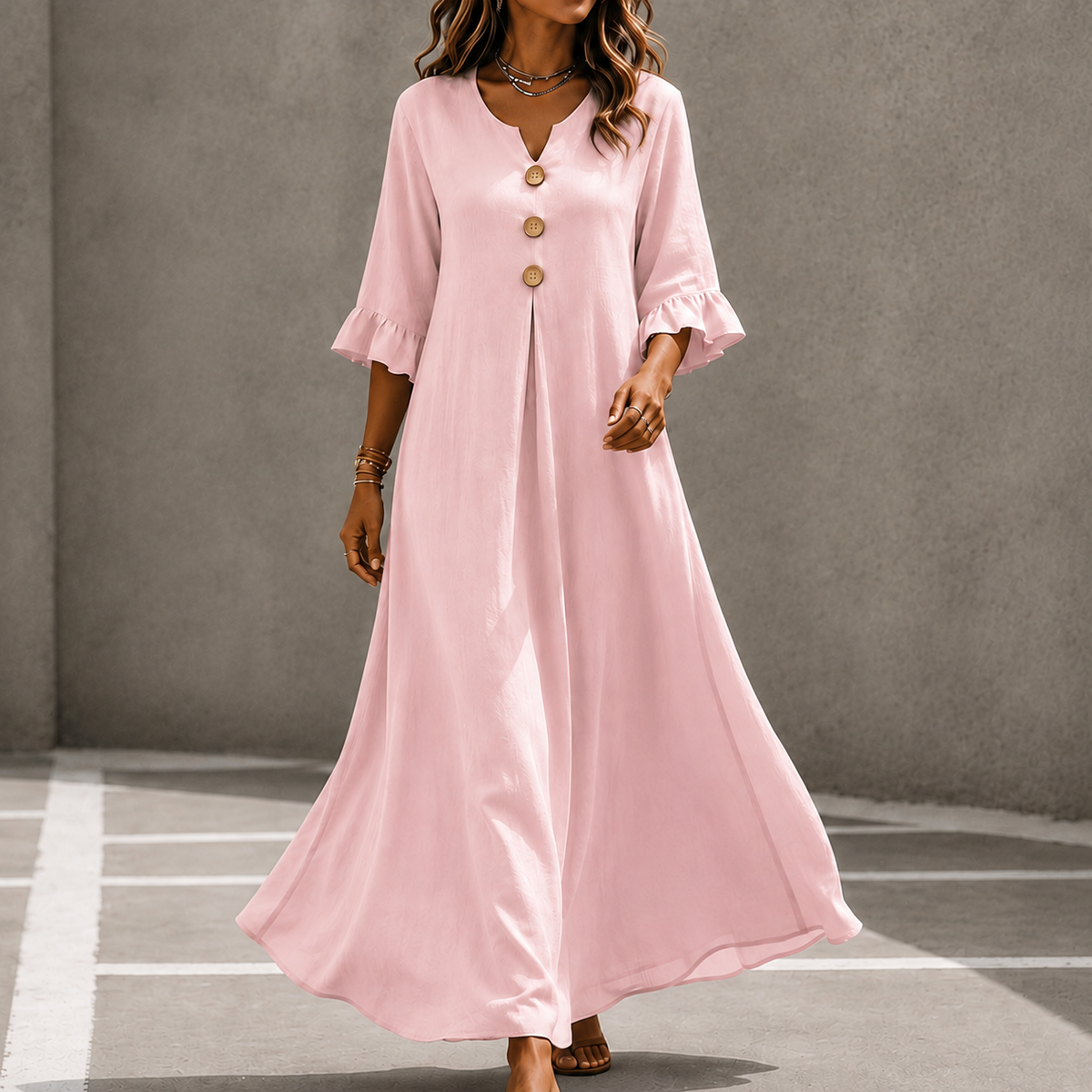 Marellia – Flowy Linen-Look V-Neck Maxi Dress with Pockets