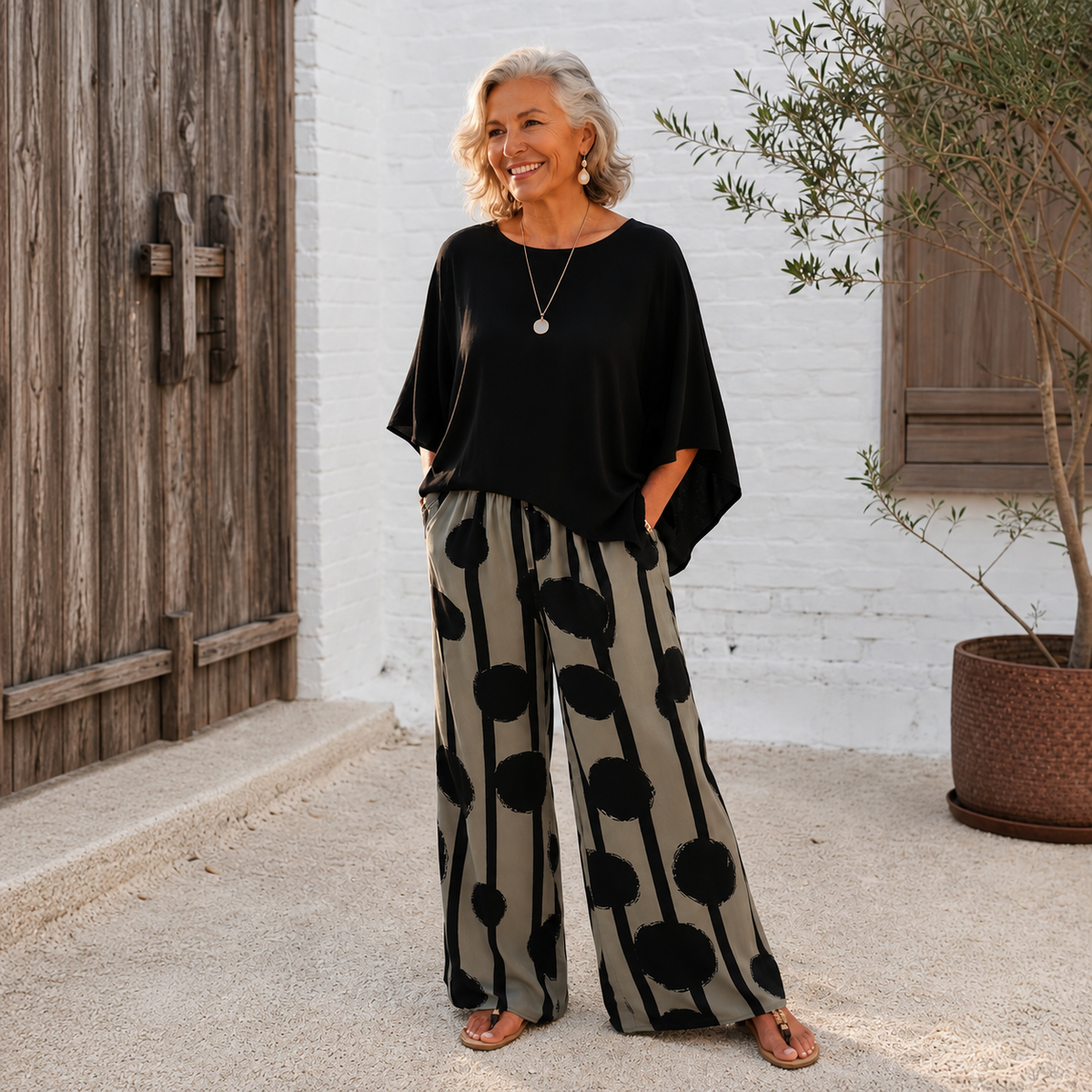 Lunetta – Asymmetric Poncho Top And Wide-Leg Pants Set