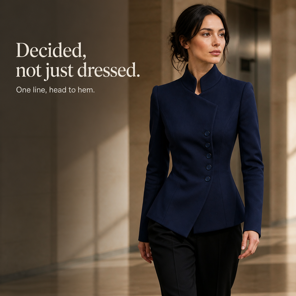 Vertica – Asymmetric Button-Up Stand Collar Blazer
