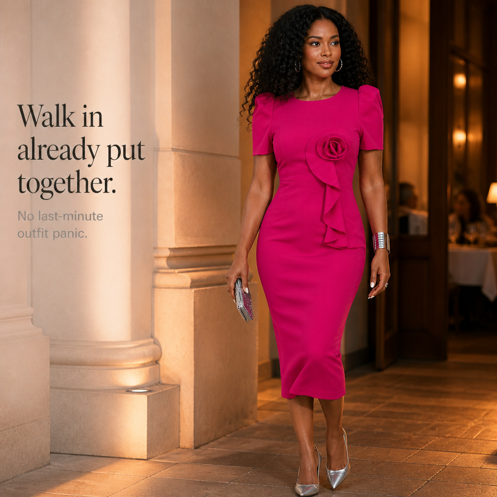 Rosevelle – 3D Rose Puff Sleeve Pencil Dress