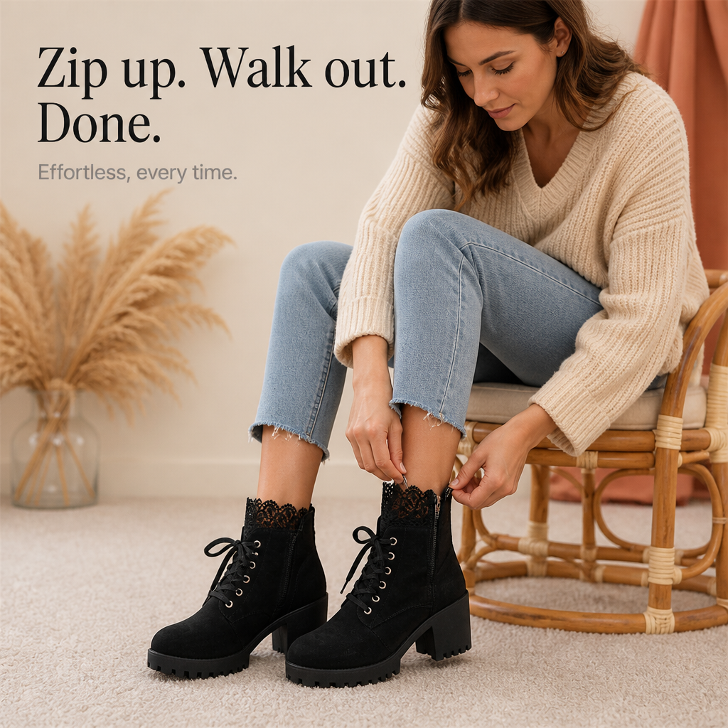 Lacevoya – Lace-Up Chunky Heel Ankle Booties