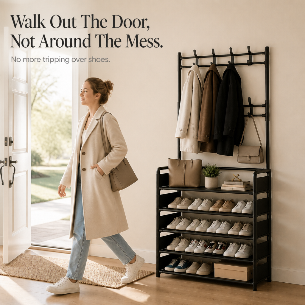 Haldrow – Tier Shoe Rack With Coat Hooks