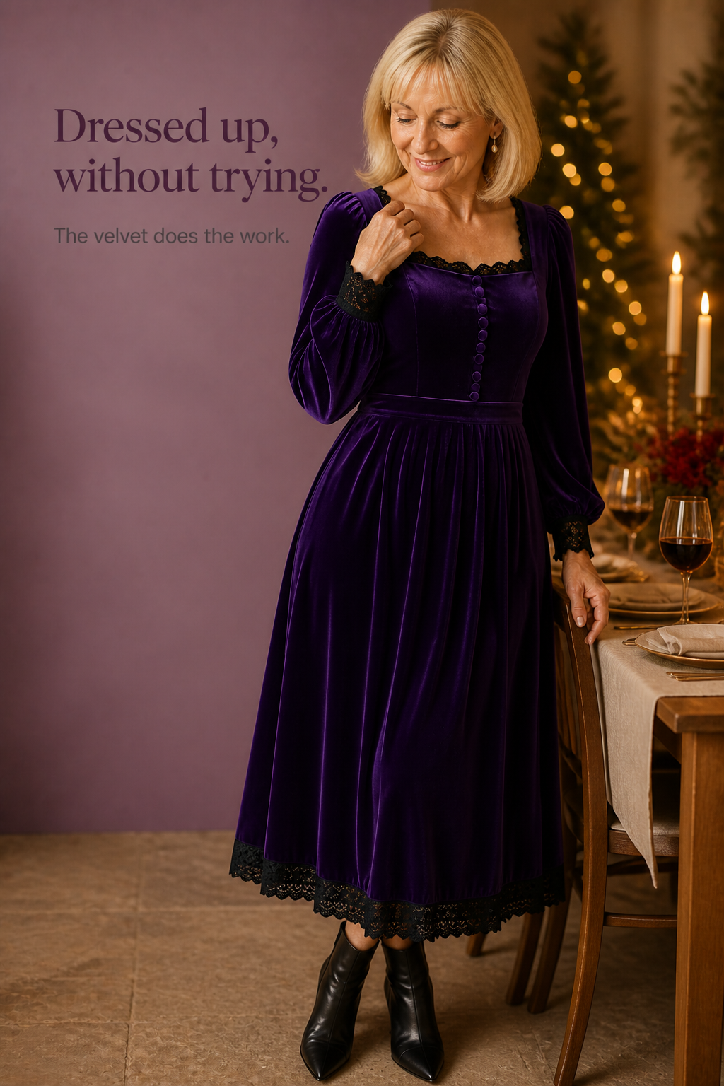 Velourette – Square Neck Fitted Waist Velvet-Look Midi Dress