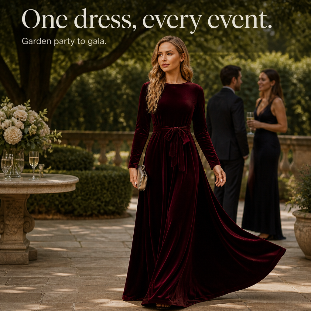 Velvora – Belted Velvet Look A-Line Maxi Dress
