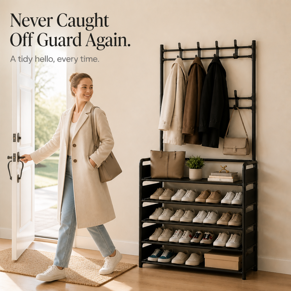 Haldrow – Tier Shoe Rack With Coat Hooks
