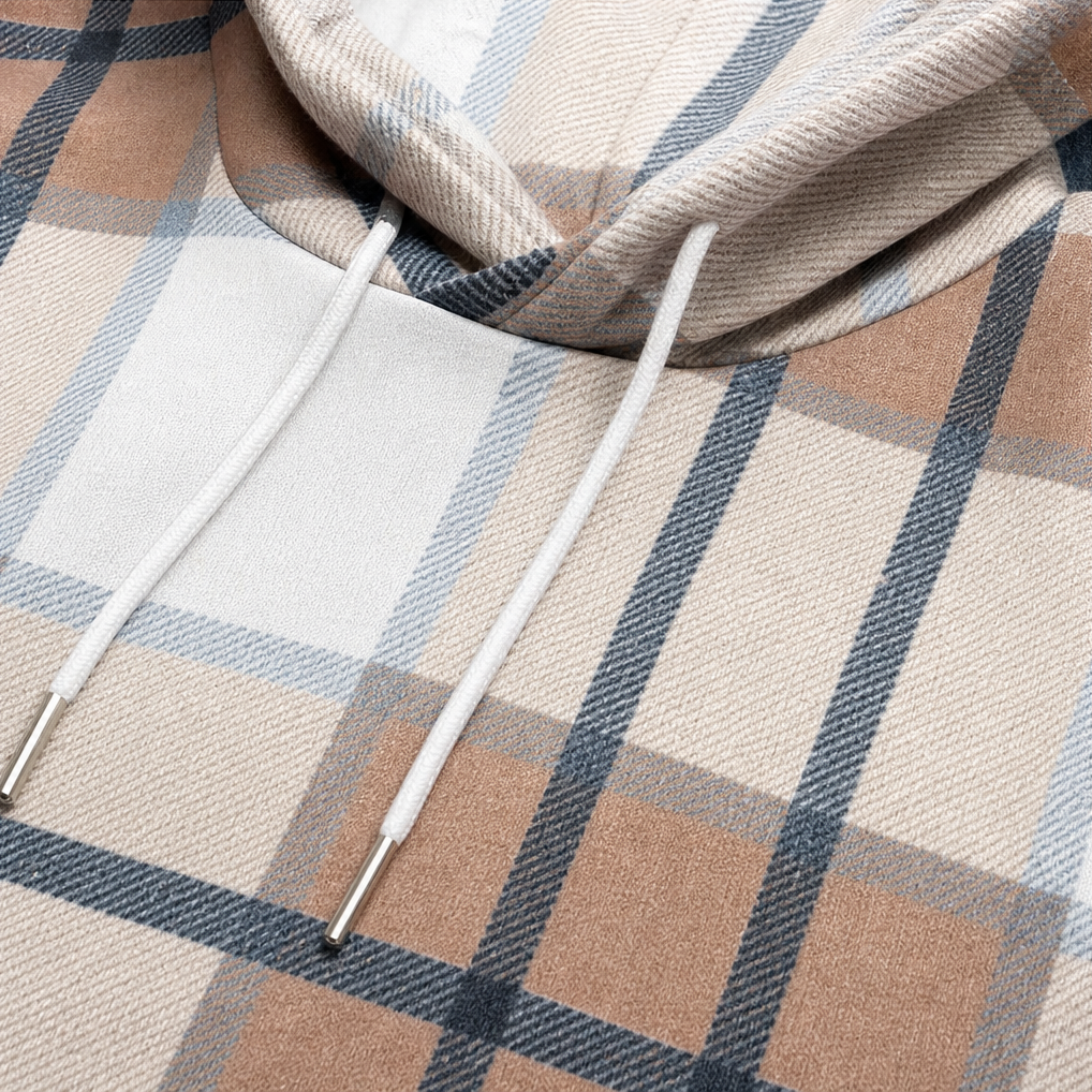 Plaidwell – Drawstring V-Neck Hooded Plaid Top