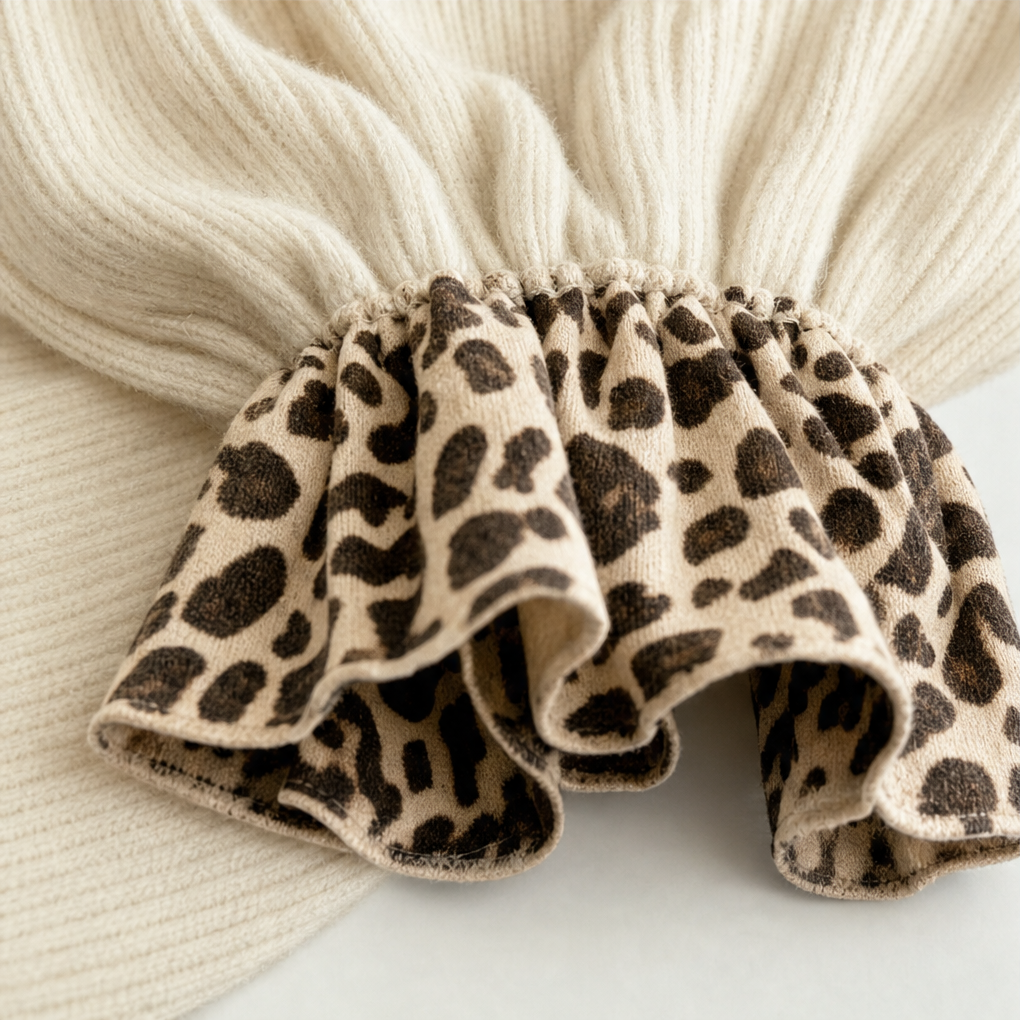 Vellora – Leopard-Trim Ribbed Balloon-Sleeve Mini Dress
