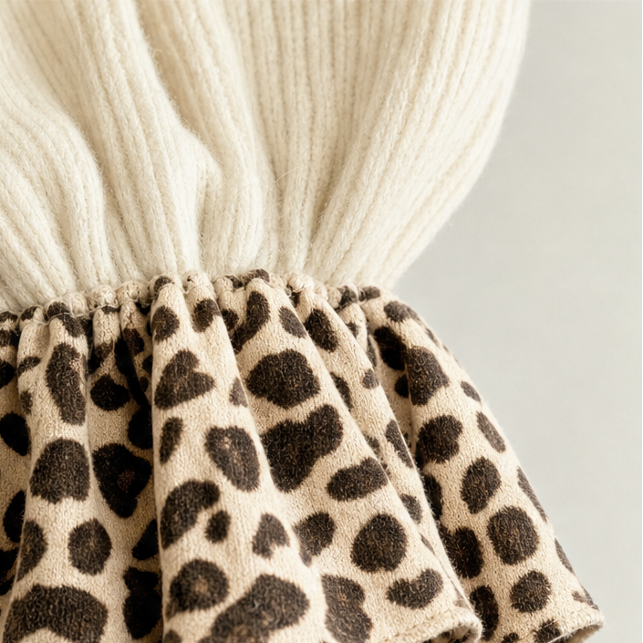 Vellora – Leopard-Trim Ribbed Balloon-Sleeve Mini Dress