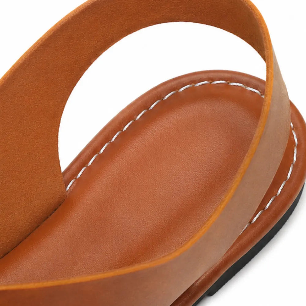 Solvea – Asymmetric Double Strap Flat Sandals for Women, Caramel and Black