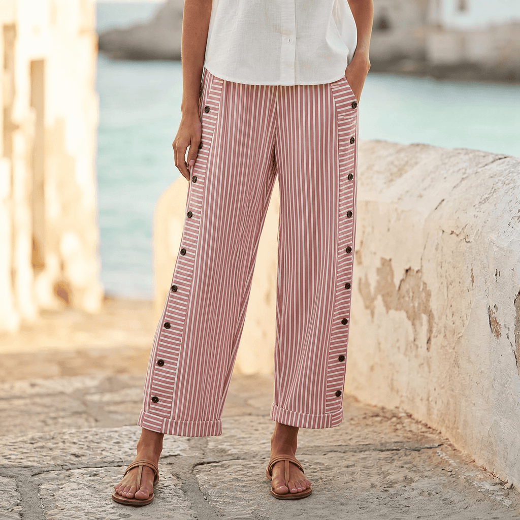 Coastlyn – Women's Striped Pants with Button Trim