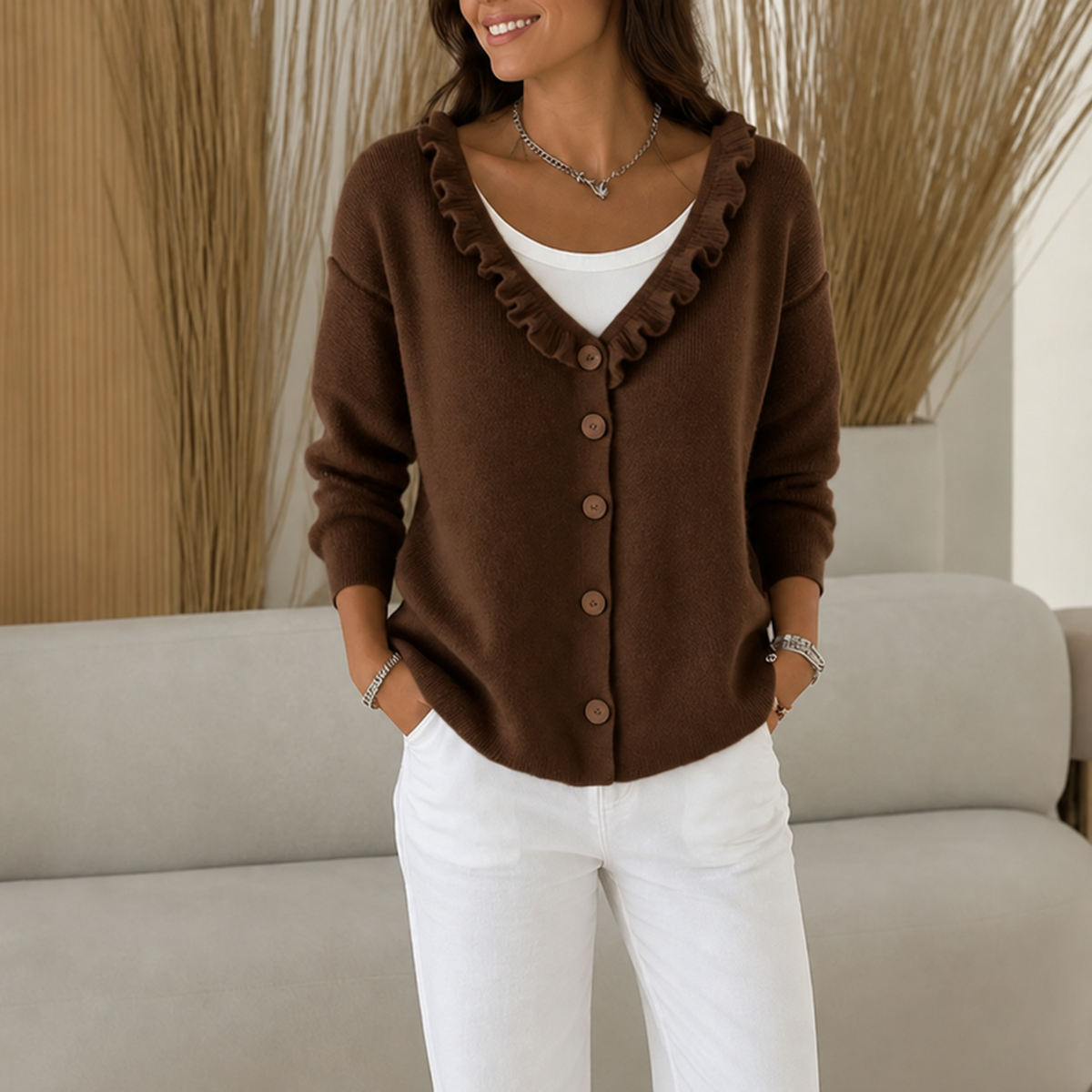 Wearbella – Ruffle Collar Stretch-Knit Cardigan