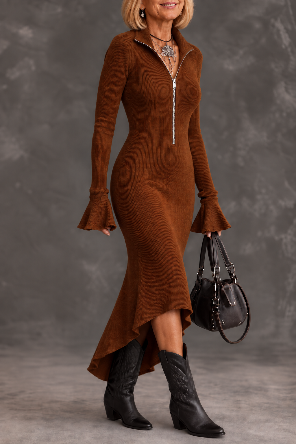 Fishtail Muse – Wide-Sleeve Fishtail Hem Evening Maxi Dress