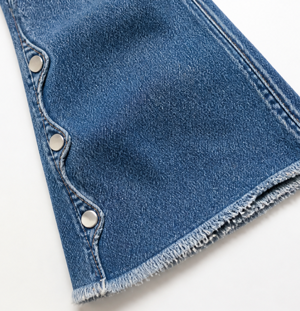 Flarelynn – Scalloped Button-Trim Raw Hem Flare Jeans