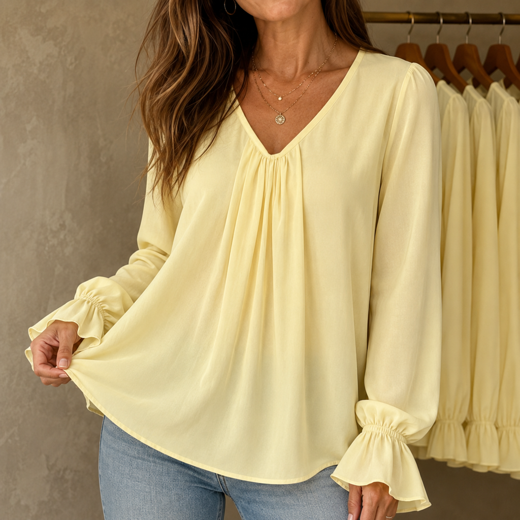 Pleatrelle – V-Neck Pleated Blouse With Ruffled Cuffs