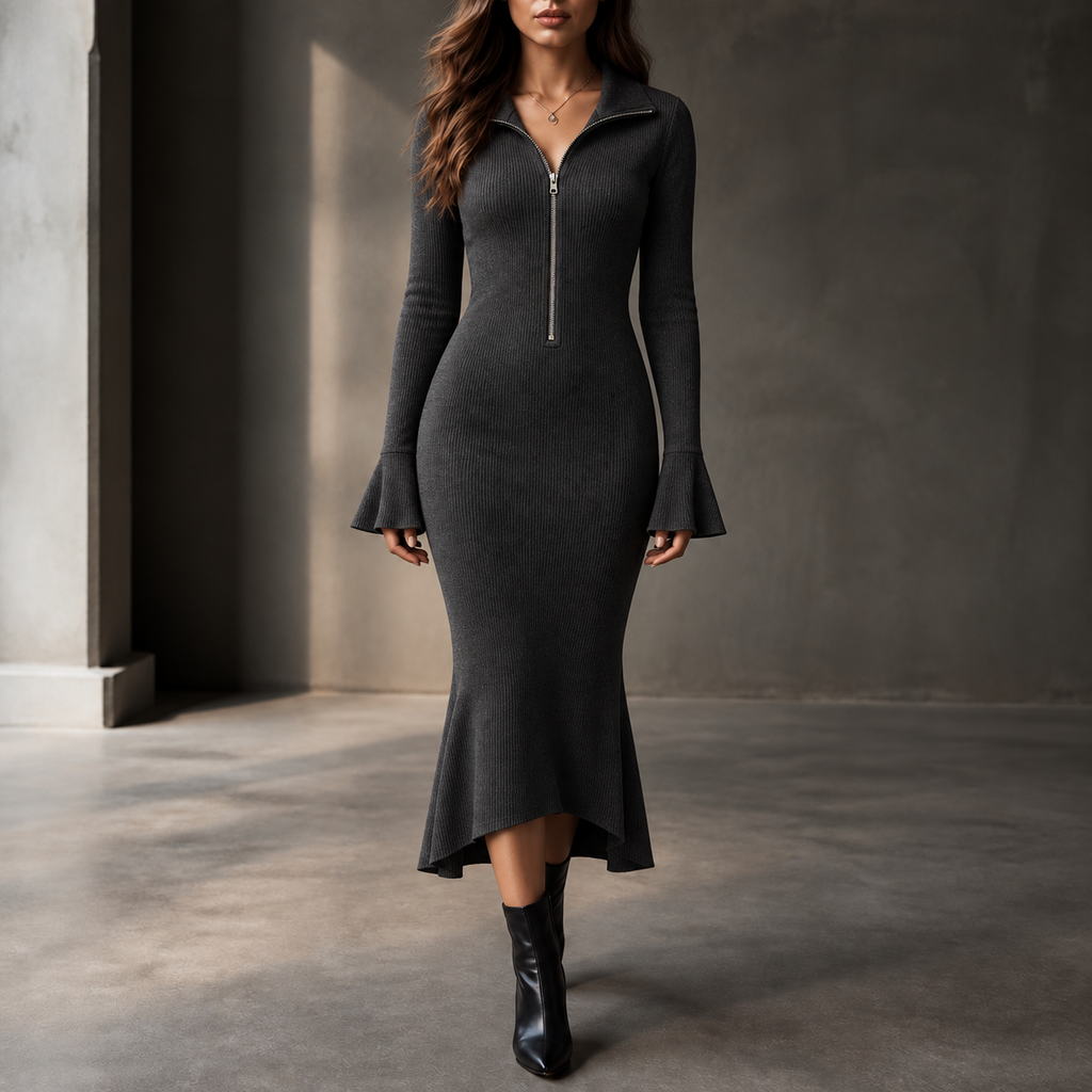 Selara – Ribbed Fishtail Knit Midi Dress with Half-Zip Collar