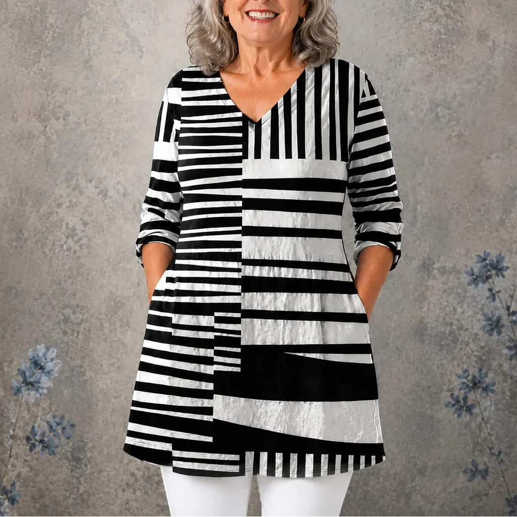 Vivelle – Long V-Neck Tunic Blouse with Pockets, Bold Print, 3/4 Sleeve
