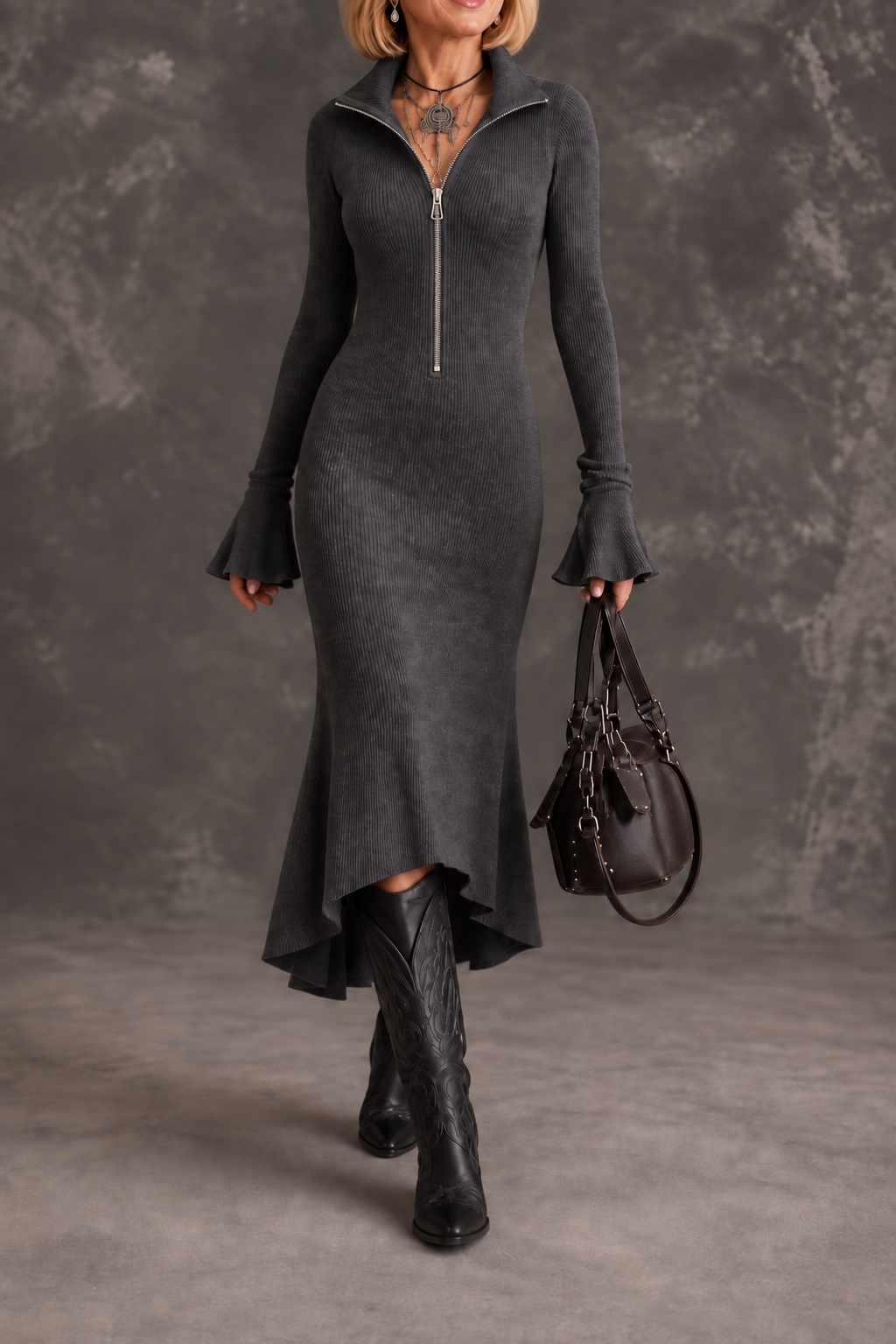 Fishtail Muse – Wide-Sleeve Fishtail Hem Evening Maxi Dress