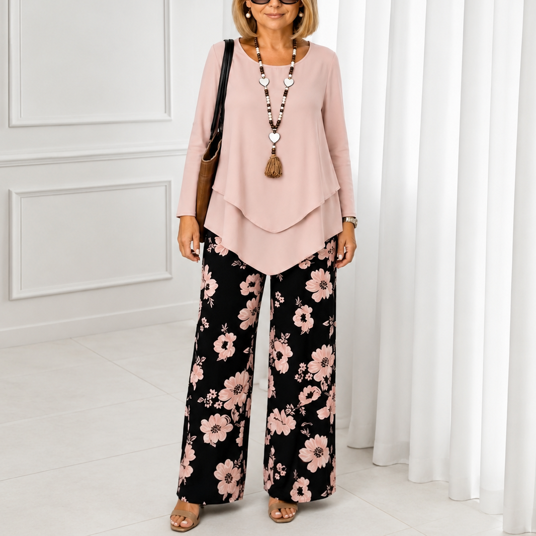 Wearbella – Double-Layer Top And Floral Wide-Leg Pants Set