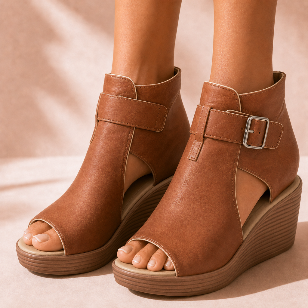 Elsera – Peep-Toe Platform Wedges with Buckle Detail