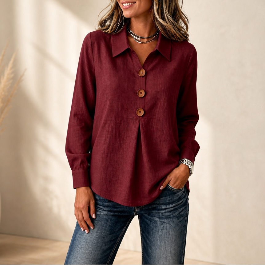 Velavie – Inverted Box Pleat Button-Up Blouse