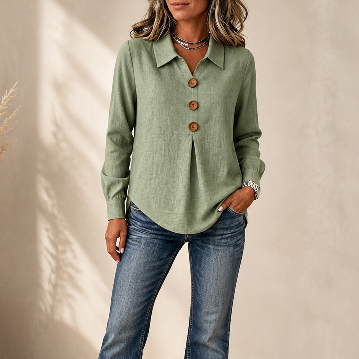 Velavie – Inverted Box Pleat Button-Up Blouse