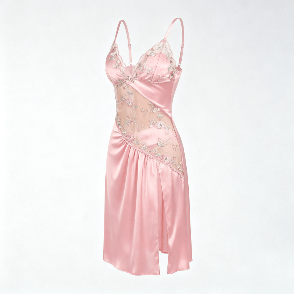 Florelle - Women's floral embroidered mesh nightgown with high slit