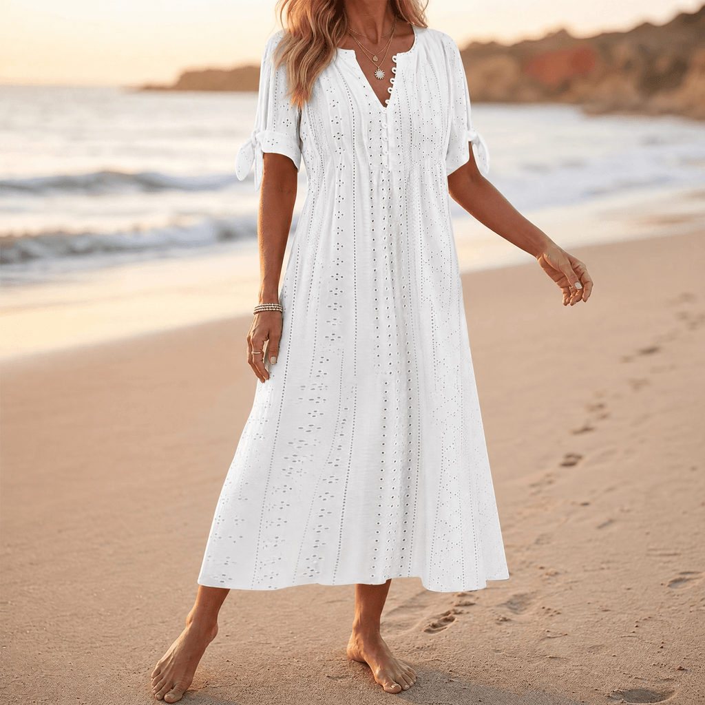 Florenza – Women's Eyelet Midi Dress with Tie-Bow Sleeves