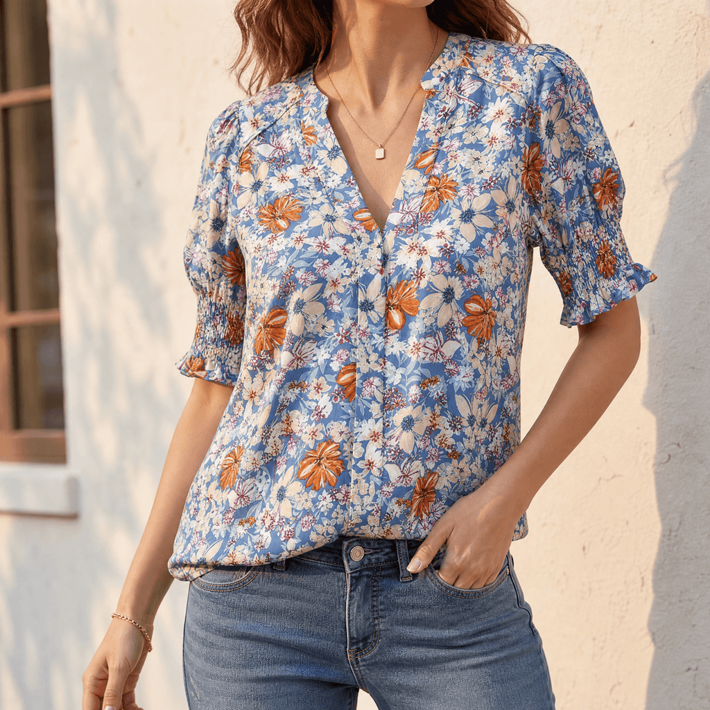 Florenza – Women's Floral Puff Sleeve V-Neck Blouse