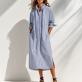 Verlyn – Striped Ruffle-Neck Long-Sleeve Midi Dress